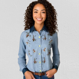 Allure Women M Blue Chambray Denim Embroidered Floral Boho Chic Button Up Blouse